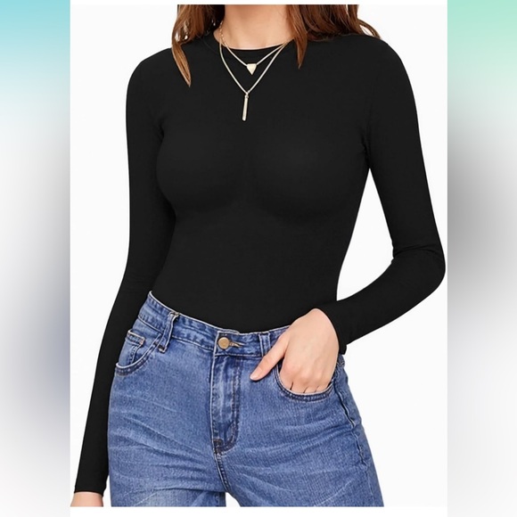 New MANGOPOP Women's Crew Neck Long Sleeve Bodysuit T Shirts Basic Tops - Picture 2 of 12